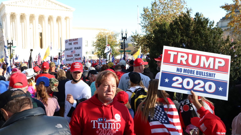 epa08821014 Supporters of US President Donald J. Trump march near the US Supreme Court in Washington, DC, USA, 14 November 2020. US President Donald J. Trump has refused to concede the 2020 Presidential election to his Democratic challenger President Elect Joe Biden.  EPA/CARLOS VILAS
