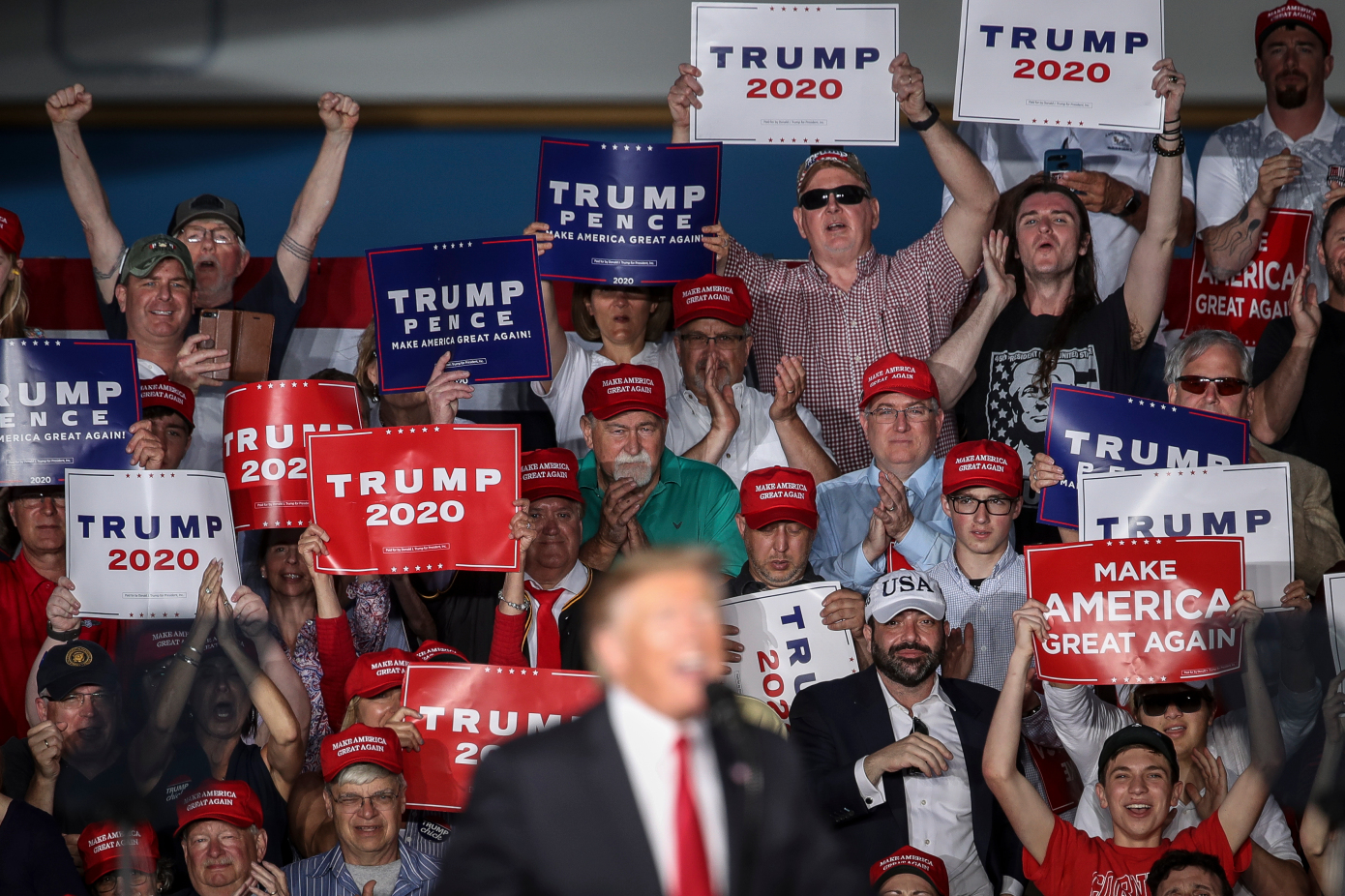 MONTOURSVILLE, PA - MAY 20: The crowd cheers as U.S. President Donald Trump speaks during a 'Make America Great Again' campaign rally at Williamsport Regional Airport, May 20, 2019 in Montoursville, Pennsylvania. Trump is making a trip to the swing state to drum up Republican support on the eve of a special election in Pennsylvania's 12th congressional district, with Republican Fred Keller facing off against Democrat Marc Friedenberg. (Photo by Drew Angerer/Getty Images)