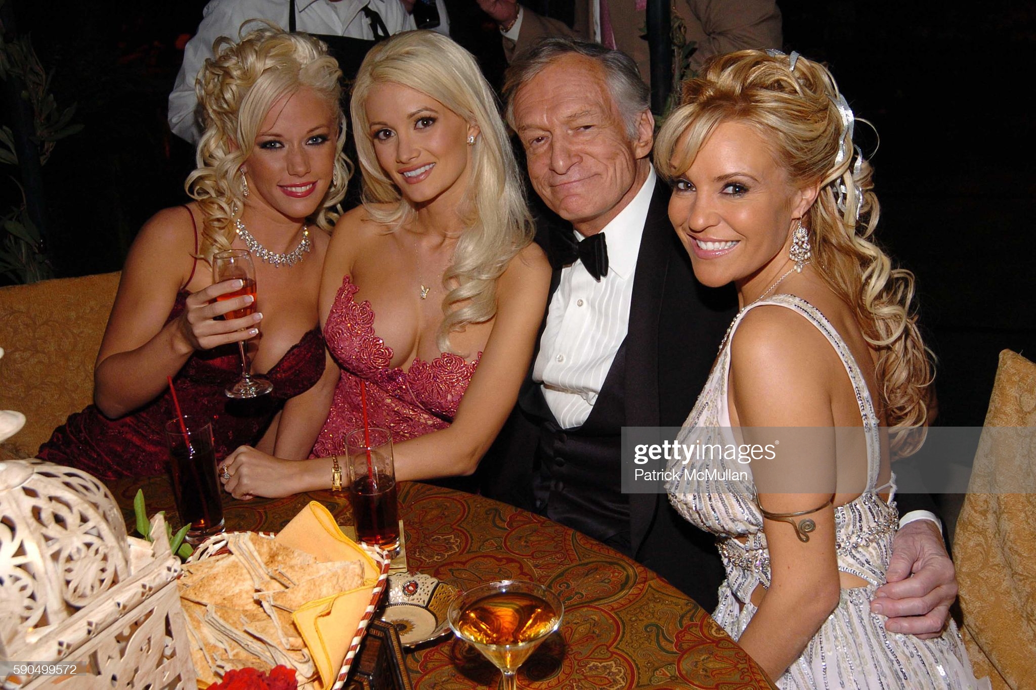 BEVERLY HILLS, CA - JANUARY 16: (L-R) Kendra Wilkinson, Holly Madison, Hugh Hefner and Bridget Marquardt attend HBO Golden Globe Awards After-Party at Griff's Restaurant at the Beverly Hilton Hotel on January 16, 2005 in Beverly Hills, CA. (Photo by Billy Farrell/Patrick McMullan via Getty Images)