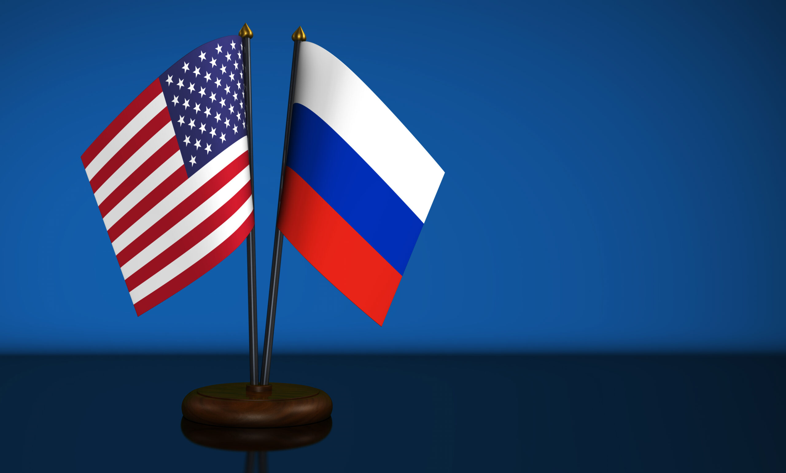 United States of America flag and Russian Federation desk flags 3D illustration.