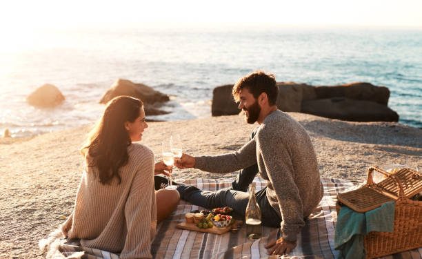 Shot of a happy young couple having a picnic and toasting with wine at the beach