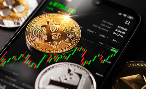 Ljubljana, Slovenia - may 12, 2020 Bitcoin cryptocurrency trading on smartphone close up