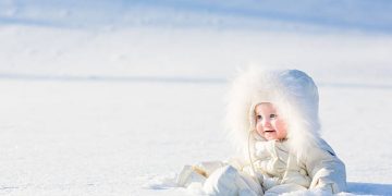 Beautiful baby in a white suit sitting in a snow field on a very sunny winter day