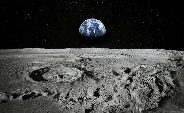 View of Moon limb with Earth rising on the horizon. Footprints as an evidence of people being there or great forgery. Collage. Elements of this image furnished by NASA./urls:
https://images-assets.nasa.gov/image/as11-44-6551/as11-44-6551~orig.jpg
https://images.nasa.gov/details-as11-44-6551.html
https://images.nasa.gov/details-as17-145-22285.html
https://images.nasa.gov/details-as11-40-5964.html
https://solarsystem.nasa.gov/resources/429/perseids-meteor-2016/