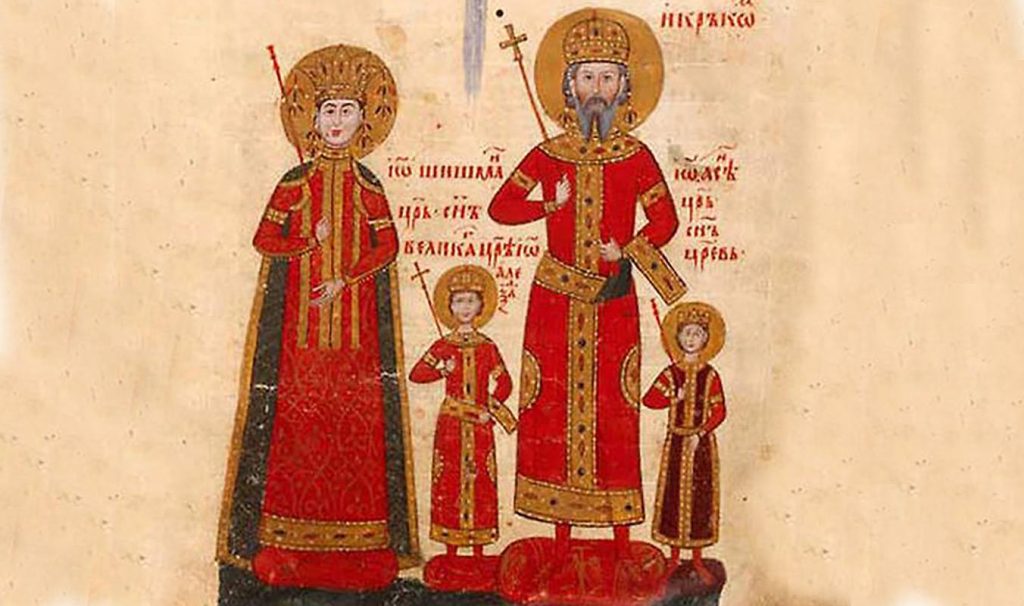 Изображение на семейството на Иван Александър. На него са изобразени двамата сина, на които разпределя България, създавайки Видинското царство и Търновското.