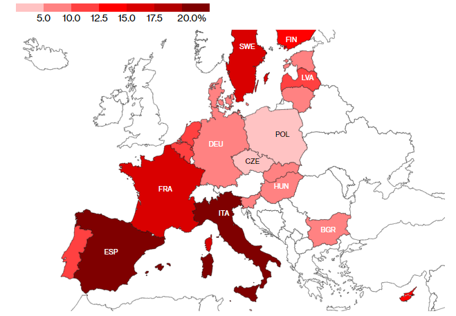 Графика на безработицата в Европа. Италия и Испания са на върха.